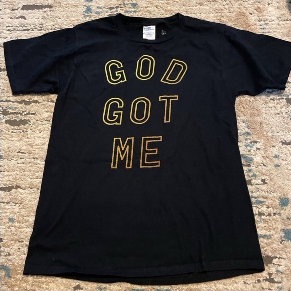 Mens Small Black T-Shirt “God Got Me” with Gold Lettering